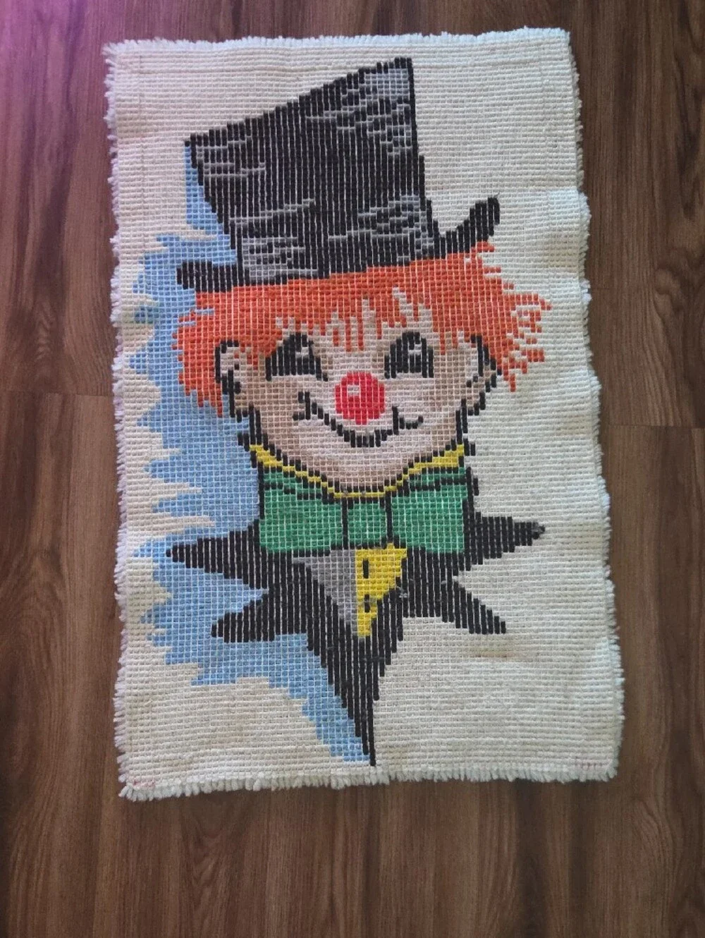 Handmade Clown Accent Rug in Cream, Orange, Green, Black